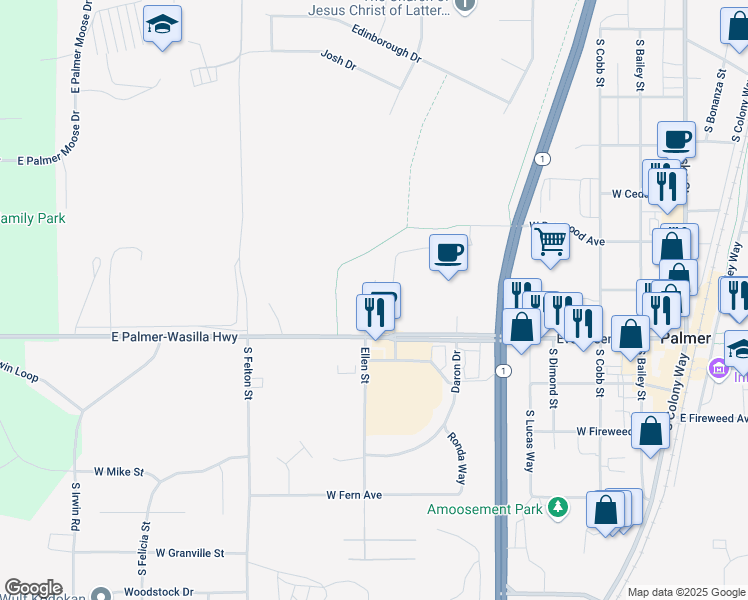 map of restaurants, bars, coffee shops, grocery stores, and more near 801 Evergreen Avenue in Palmer