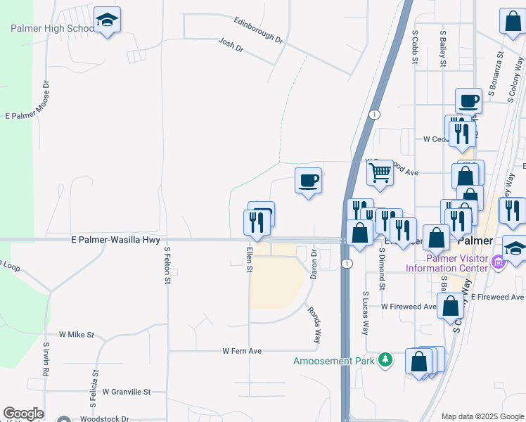 map of restaurants, bars, coffee shops, grocery stores, and more near 535 Evergreen Avenue in Palmer