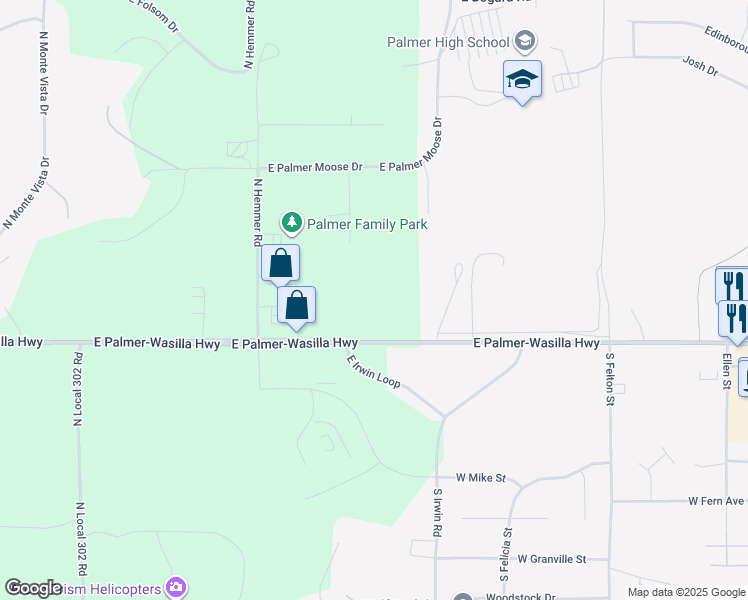 map of restaurants, bars, coffee shops, grocery stores, and more near 12201 East Palmer-Wasilla Highway in Palmer