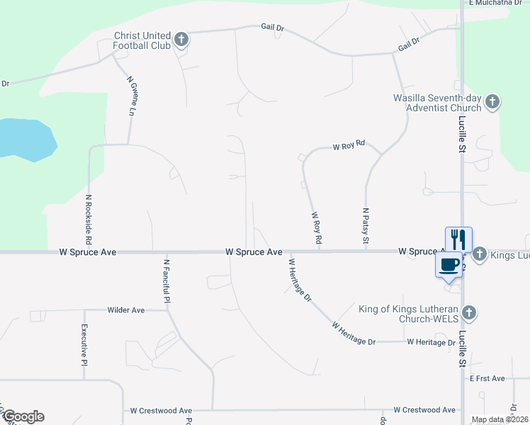 map of restaurants, bars, coffee shops, grocery stores, and more near 461 West Spruce Avenue in Wasilla