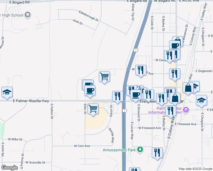 map of restaurants, bars, coffee shops, grocery stores, and more near 535 Evergreen Avenue in Palmer