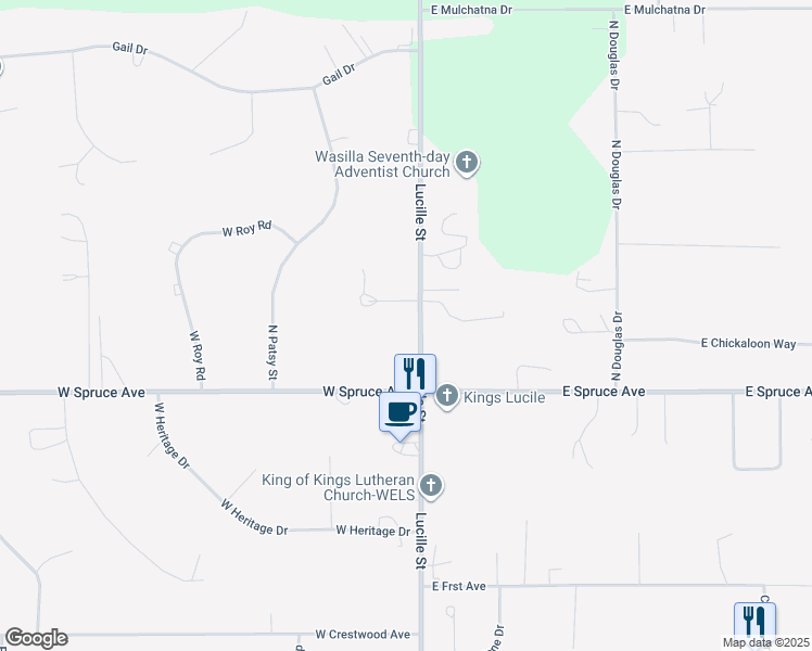 map of restaurants, bars, coffee shops, grocery stores, and more near 100 West Jensen Circle in Wasilla