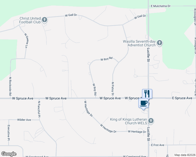 map of restaurants, bars, coffee shops, grocery stores, and more near 580 West Roy Road in Wasilla