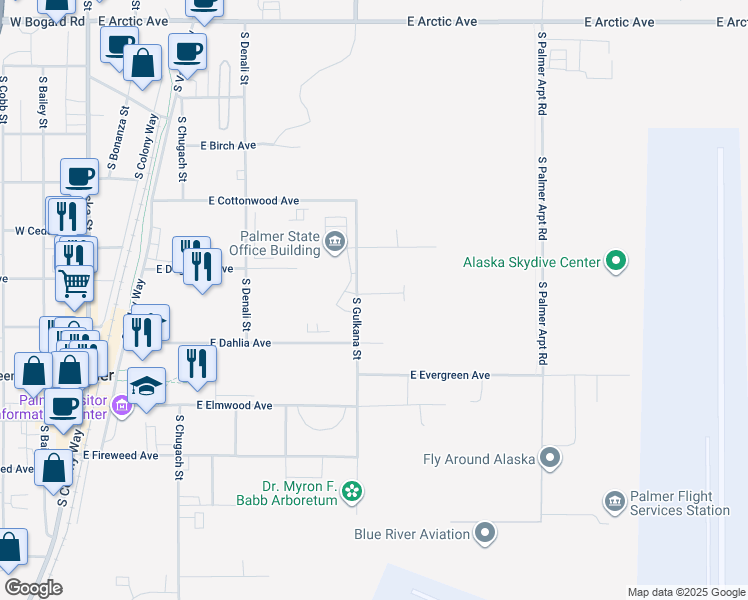 map of restaurants, bars, coffee shops, grocery stores, and more near 609 South Gulkana Street in Palmer