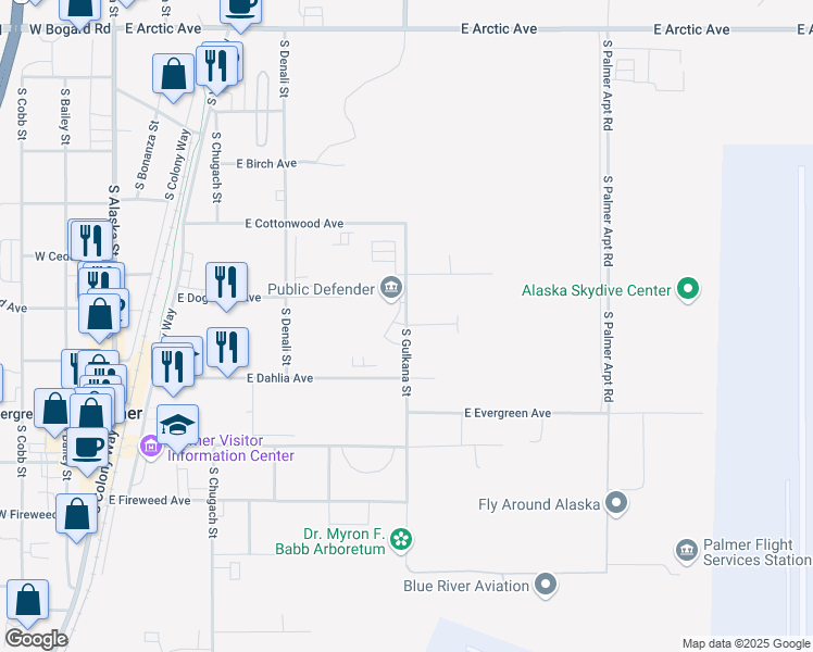 map of restaurants, bars, coffee shops, grocery stores, and more near 609 South Gulkana Street in Palmer