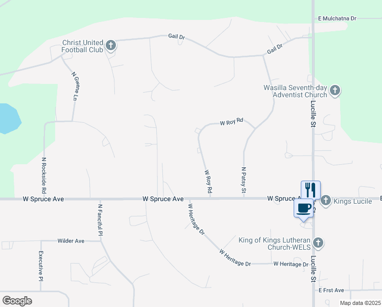 map of restaurants, bars, coffee shops, grocery stores, and more near 461 West Spruce Avenue in Wasilla