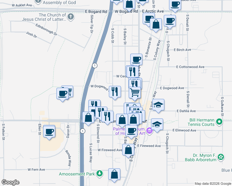 map of restaurants, bars, coffee shops, grocery stores, and more near 517 South Cobb Street in Palmer