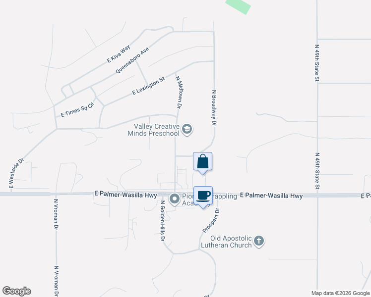 map of restaurants, bars, coffee shops, grocery stores, and more near 2021 North Midtown Drive in Palmer