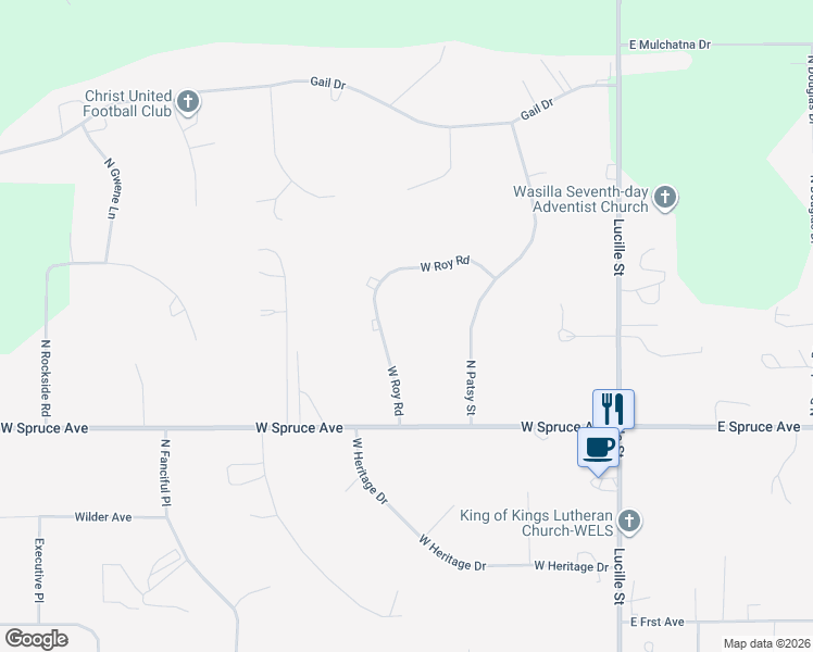 map of restaurants, bars, coffee shops, grocery stores, and more near 380 West Roy Road in Wasilla