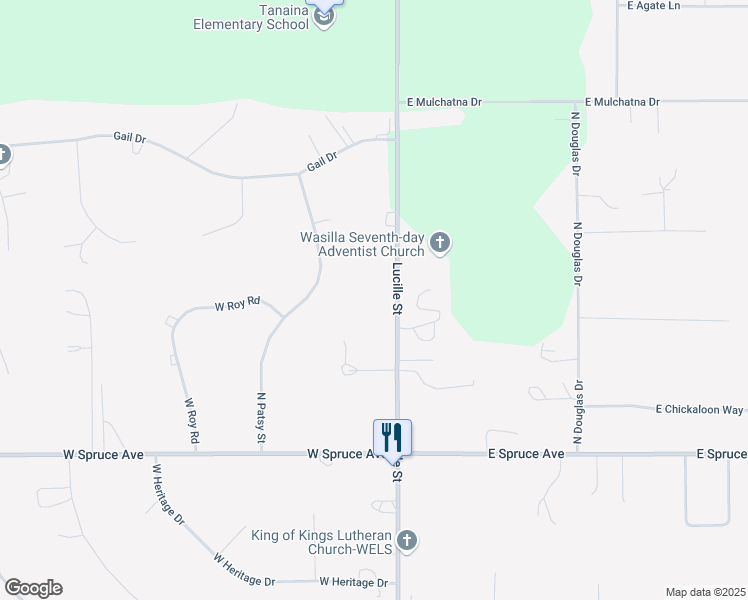 map of restaurants, bars, coffee shops, grocery stores, and more near 2030 Lucille Street in Wasilla