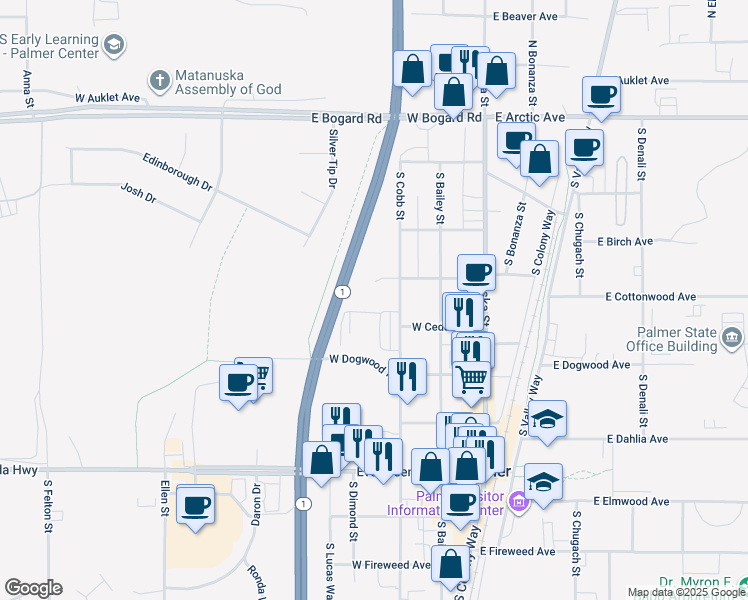 map of restaurants, bars, coffee shops, grocery stores, and more near 328 South Cobb Street in Palmer