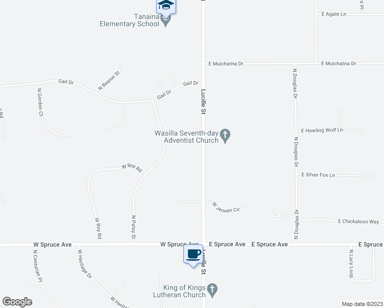 map of restaurants, bars, coffee shops, grocery stores, and more near 2060 Lucille Street in Wasilla