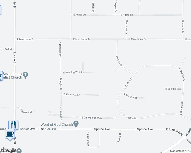 map of restaurants, bars, coffee shops, grocery stores, and more near 524 East Howling Wolf Lane in Wasilla