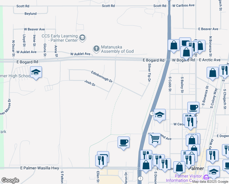 map of restaurants, bars, coffee shops, grocery stores, and more near 241 Montgomery Way in Palmer