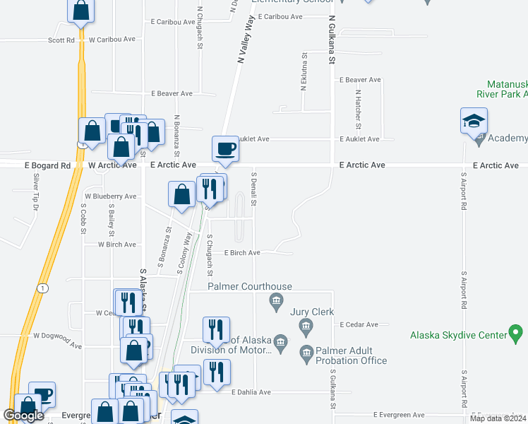 map of restaurants, bars, coffee shops, grocery stores, and more near 171 South Denali Street in Palmer