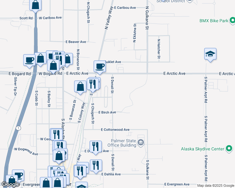map of restaurants, bars, coffee shops, grocery stores, and more near 171 South Denali Street in Palmer