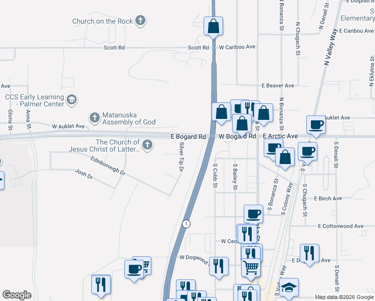 map of restaurants, bars, coffee shops, grocery stores, and more near 105 Silver Tip Drive in Palmer