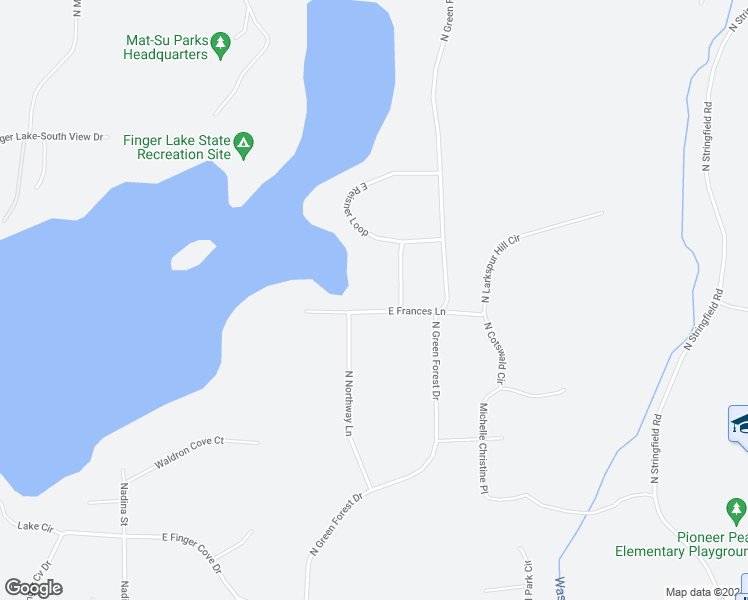 map of restaurants, bars, coffee shops, grocery stores, and more near 7625 East Frances Lane in Palmer