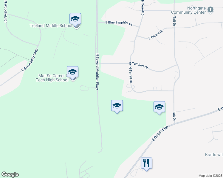 map of restaurants, bars, coffee shops, grocery stores, and more near 2499 North Seward Meridian Parkway in Wasilla