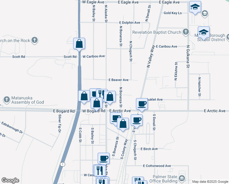 map of restaurants, bars, coffee shops, grocery stores, and more near 121 East Auklet Avenue in Palmer