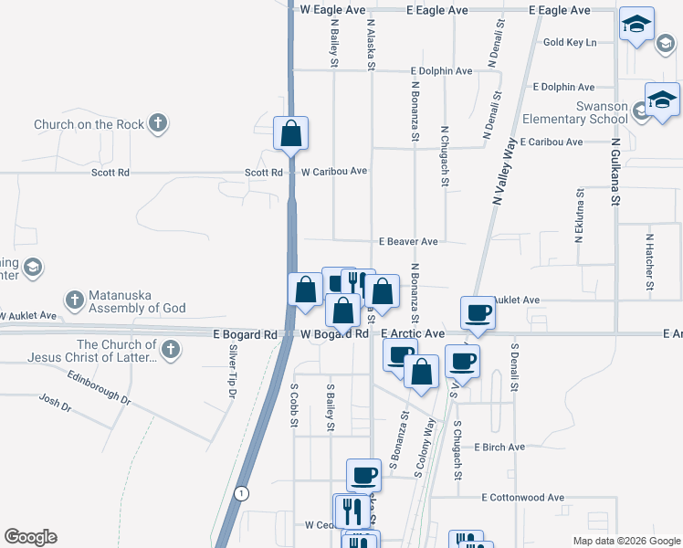 map of restaurants, bars, coffee shops, grocery stores, and more near 149 West Auklet Avenue in Palmer