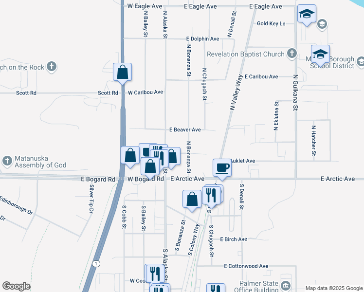 map of restaurants, bars, coffee shops, grocery stores, and more near 121 East Auklet Avenue in Palmer