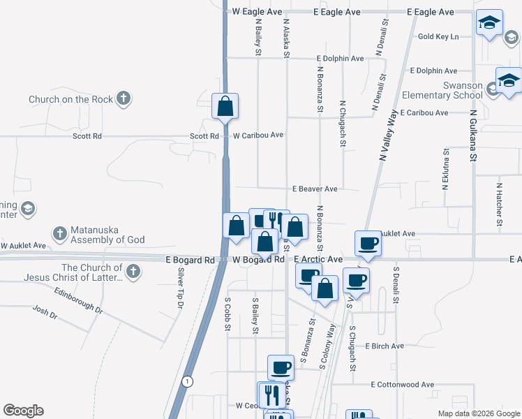 map of restaurants, bars, coffee shops, grocery stores, and more near 149 W Auklet Ave in Palmer