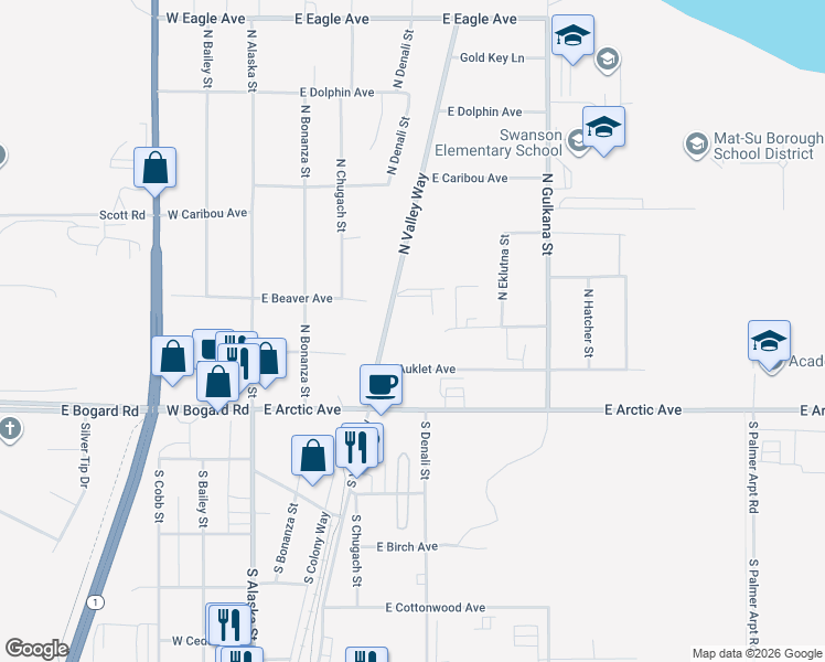 map of restaurants, bars, coffee shops, grocery stores, and more near 227 North Valley Way in Palmer
