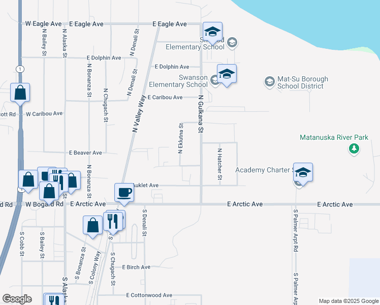 map of restaurants, bars, coffee shops, grocery stores, and more near 508 East Beaver Avenue in Palmer