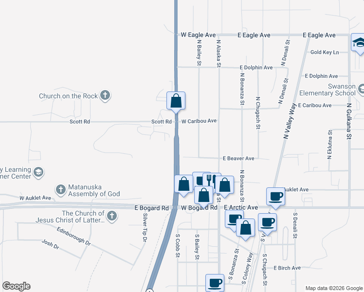 map of restaurants, bars, coffee shops, grocery stores, and more near 348 North Bailey Street in Palmer