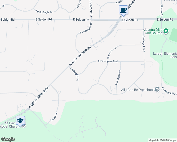 map of restaurants, bars, coffee shops, grocery stores, and more near 1930 East Porcupine Trail in Wasilla