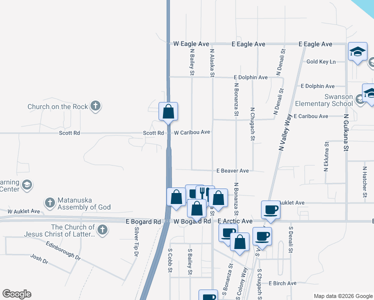 map of restaurants, bars, coffee shops, grocery stores, and more near 348 North Bailey Street in Palmer