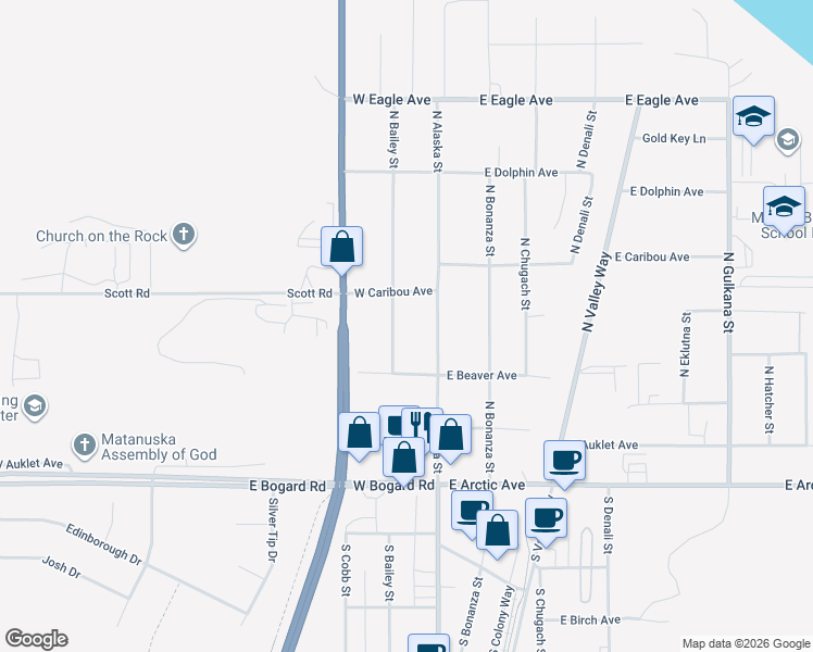 map of restaurants, bars, coffee shops, grocery stores, and more near 347 North Bailey Street in Palmer