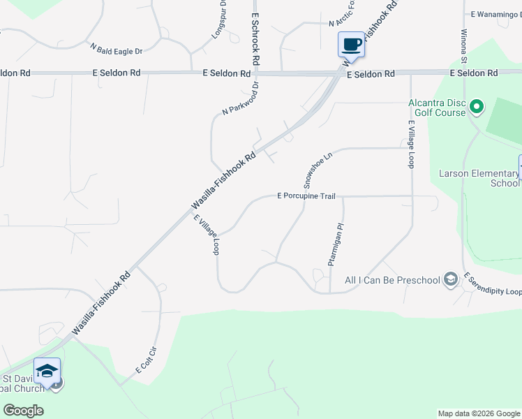 map of restaurants, bars, coffee shops, grocery stores, and more near 1930 East Porcupine Trail in Wasilla