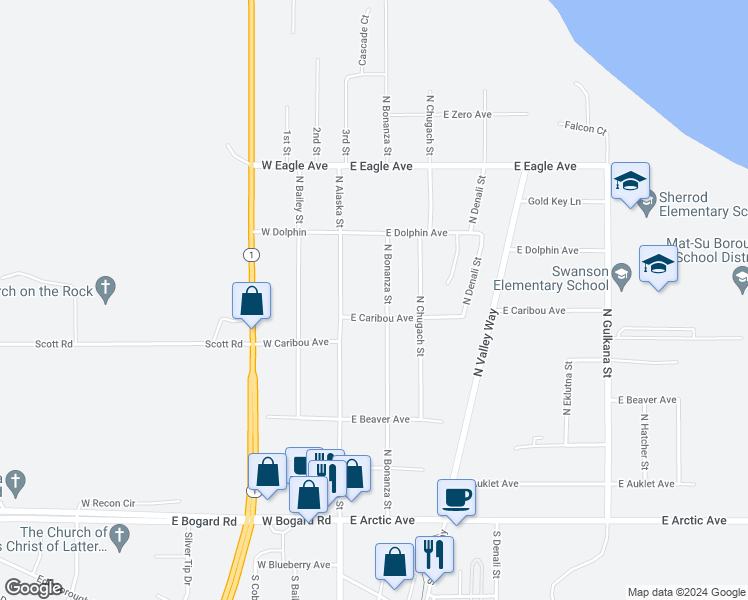 map of restaurants, bars, coffee shops, grocery stores, and more near 416 North Bonanza Street in Palmer