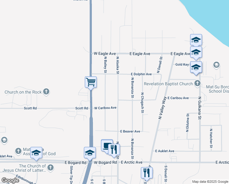 map of restaurants, bars, coffee shops, grocery stores, and more near 424 North Alaska Street in Palmer
