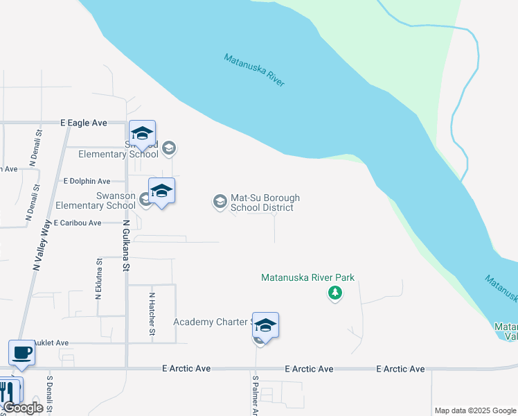 map of restaurants, bars, coffee shops, grocery stores, and more near 501 North Gulkana Street in Palmer