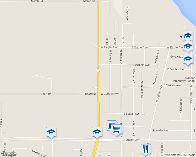 map of restaurants, bars, coffee shops, grocery stores, and more near 650 North Cobb Street in Palmer