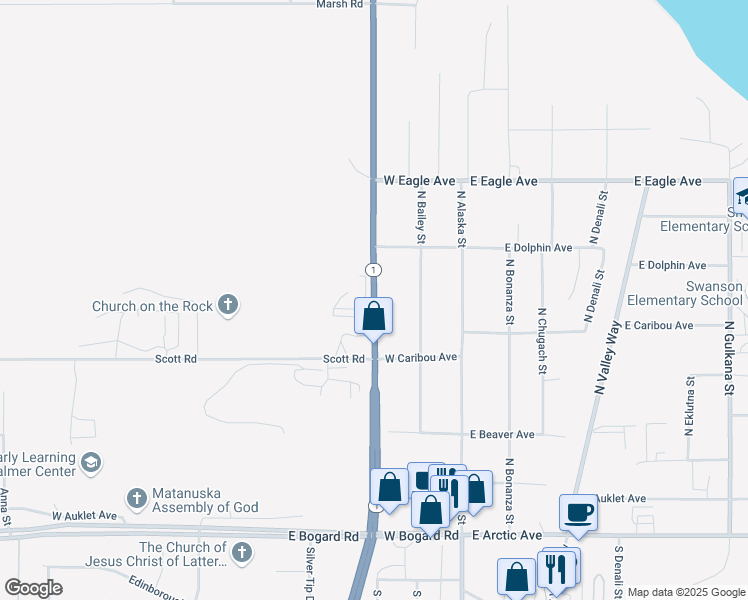 map of restaurants, bars, coffee shops, grocery stores, and more near 650 North Cobb Street in Palmer