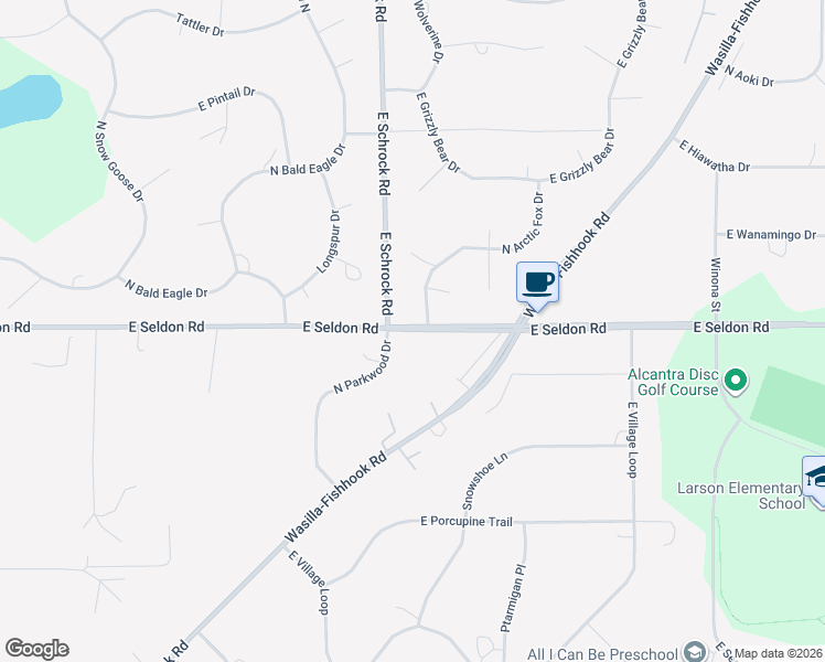 map of restaurants, bars, coffee shops, grocery stores, and more near 3000 North Arctic Fox Drive in Wasilla