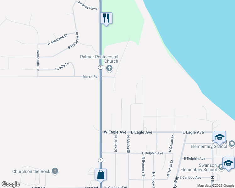 map of restaurants, bars, coffee shops, grocery stores, and more near 801 Hilltop Drive in Palmer