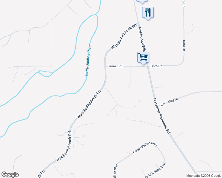 map of restaurants, bars, coffee shops, grocery stores, and more near 8071 East Snowy Pass Circle in Palmer