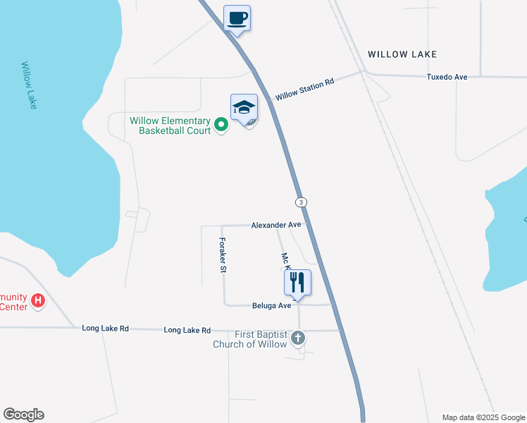 map of restaurants, bars, coffee shops, grocery stores, and more near 23479 Alexander Avenue in Willow