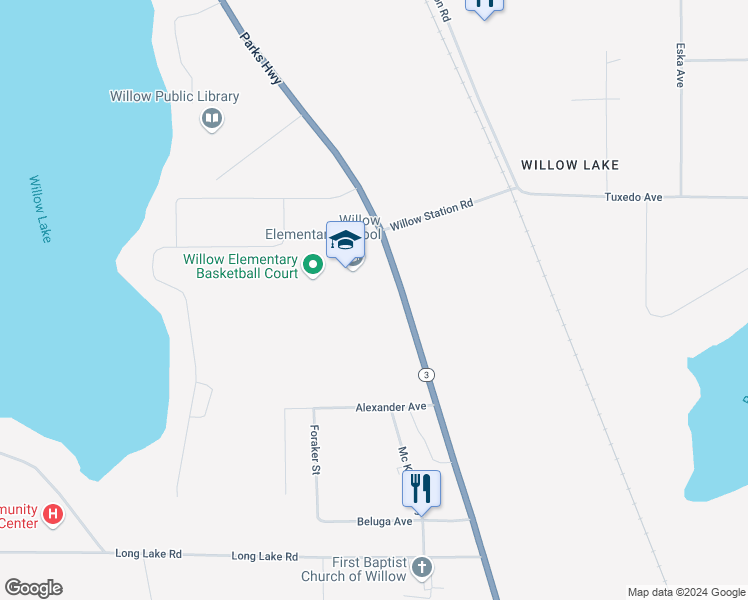 map of restaurants, bars, coffee shops, grocery stores, and more near 31706 Parks Highway in Willow