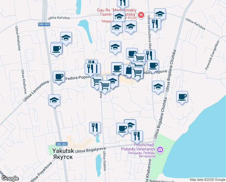 map of restaurants, bars, coffee shops, grocery stores, and more near 17 Ulitsa Fedora Popova in Yakutsk