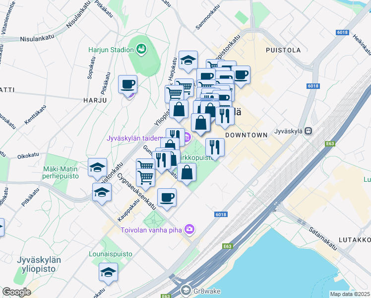 map of restaurants, bars, coffee shops, grocery stores, and more near in Jyväskylä