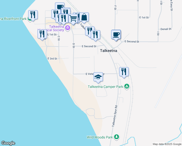 map of restaurants, bars, coffee shops, grocery stores, and more near 13798 East Veterans Way in Talkeetna