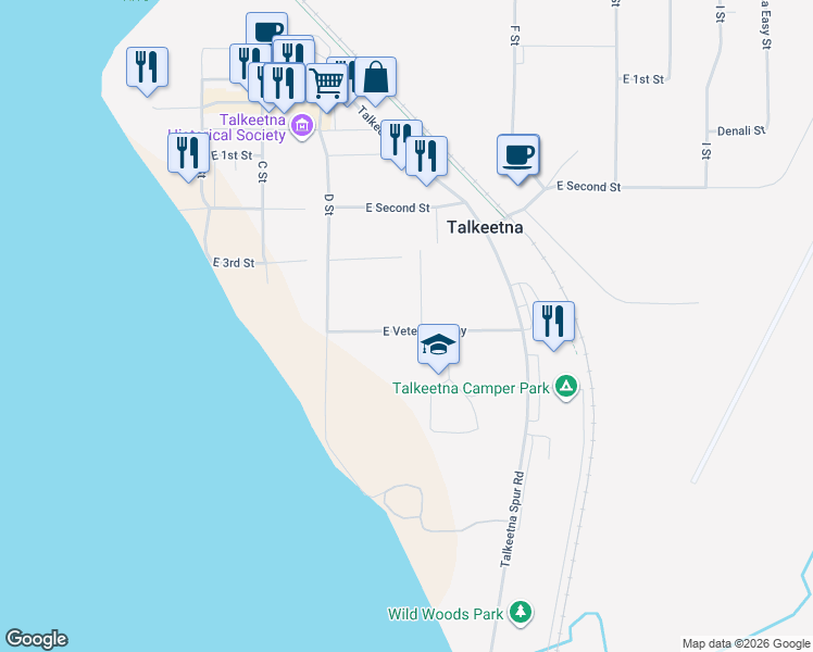 map of restaurants, bars, coffee shops, grocery stores, and more near 13798 East Veterans Way in Talkeetna