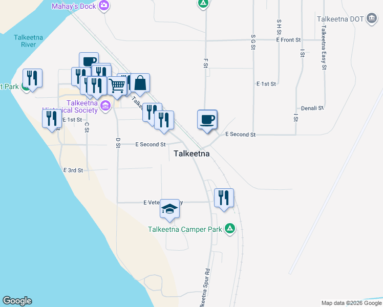map of restaurants, bars, coffee shops, grocery stores, and more near in Talkeetna