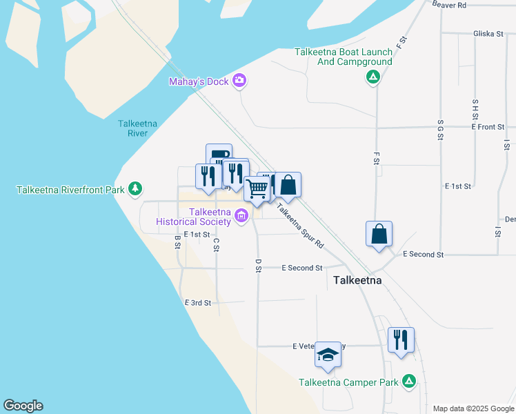 map of restaurants, bars, coffee shops, grocery stores, and more near 13650 North Main Street in Talkeetna